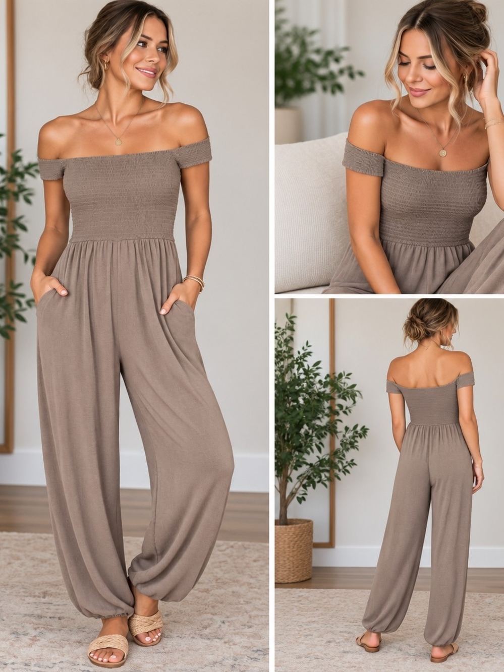 American Eagle Outfitters Off-Shoulder Smocked Jumpsuit in Taupe
